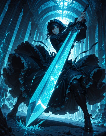 masterpiece, best quality,high quality, newest, highres,8K,HDR,absurdres, 1girl, solo, action shot, battoujutsu stance, frilled gothic long dress, puffy long sleeves, ribbon trim, (holding sword:1.2), blue light rays, very aesthetic, ultra high res, absurdres, polarized, pillar, shockwave, motion-blur
, dynamic pose, intense lighting, detailed background, depth of field, dynamic composition, foreshortening, detailed background, dynamic pose, dynamic composition,dutch angle, detailed backgroud,foreshortening,blurry edges <lora:iLLMythG0thicL1nes:1> G0thicL1nes