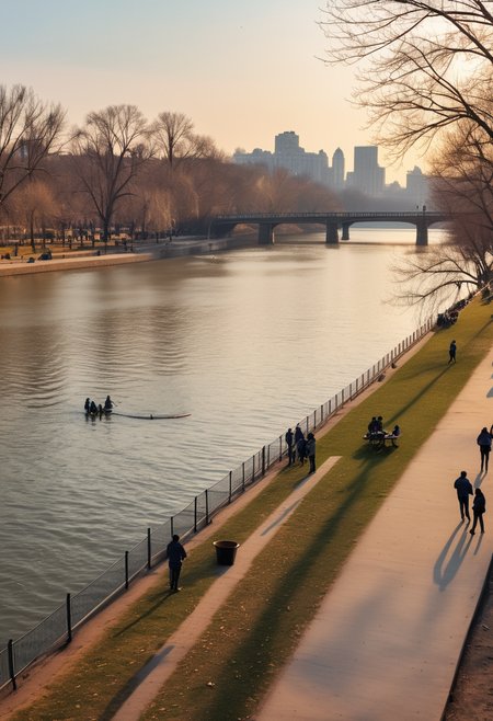 photo of riverside park, volleyball court near the water, people fishing along the banks, paddle boats in the river, lush greenery around, during winter, in the afternoon ,Masterpiece,best quality, raw photo, realistic, very aesthetic