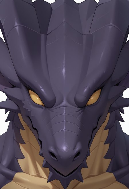 best quality, newest, absurdres, highres, (masterwork, masterpiece, best quality, hyper-detailed :1.3), 

1boy, solo,


b4h4_ffm, dragon, purple skin, yellow sclera, no pupils, close up, 

background, outside,