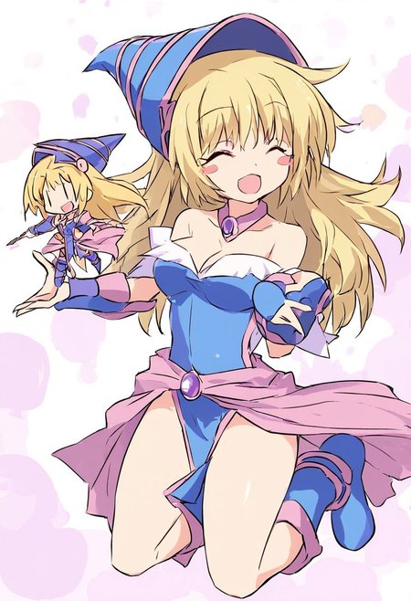 score_4,score_5,score_6,score_7_up,score_8_up,score_9 ((masterpiece,best quality,ultra detailed,highres,HD,4k:1.2)), 1 girl,solo,face focus,chibi,full body,deformed,| |,dark magician girl,long hair, blonde hair, hat, blue headwear, blush stickers, breasts, choker, bare shoulders, cleavage, blue dress, vambraces, pelvic curtain, pink skirt, happy,smile,open mouth,cheerful,blush,