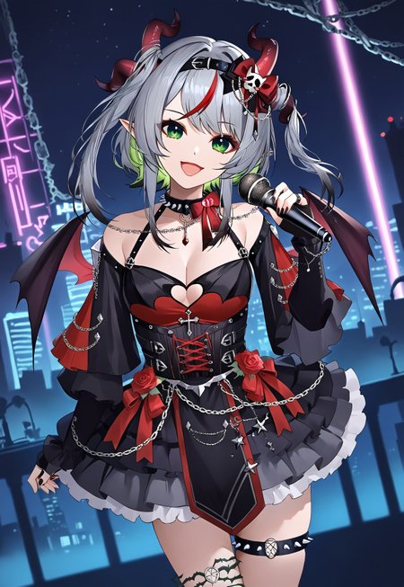safe_pos, 1girl, solo, solo focus, highres, absurdres, FrootVampIdol, green eyes, multicolored hair, streaked hair, demon horns, bangs, grey hair, red hair, hair ornament, pointy ears, black hairband,

demon wings, cleavage, black dress, bow, clothing cutout, flower, red rose, jewelry, spiked choker, bare shoulders, detached sleeves, fingerless gloves, chain, corset, thigh strap,

looking at viewer, smile, open mouth, singing, head tilt, hand up, holding microphone, dutch angle,
 
cityscape, neon lights, night, night sky, dark,