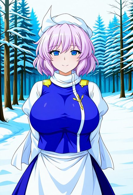 ((megamoo style)), ((outside)), ((winter)), (forest), ((snow)), (daytime), 1girl, solo, standing, (posing), smile, ((letty whiterock)), ((milf)), ((mother)), ((mommy)), (short hair), (white-purple hair), (blue eyes), ((big breasts)), looking at viewer, long sleeves, hat, white hat, vest, scarf, apron, skirt, shirt, white scarf, blue vest, white shirt, puffy sleeves, waist apron