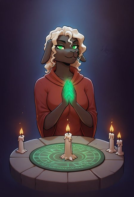 score_9, score_8_up, score_8, 1girl, , smooth, anthro sheep, detailed, perfect, red velvety robe, high quality, high definition, necromancer, glowing green eyes, casting a spell, raising a skeleton from a grave, cemetery, glowing green magic, dark sky, haunted graveyard, candles burning, green glow