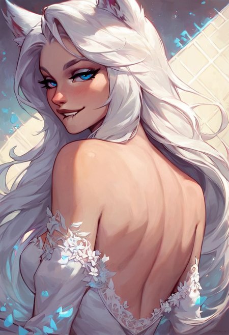 score_9, score_8_up, score_8, medium breasts,  (curvy),  wolf ears, white hair, blue eyes, pale white girl, bouncy white hair,  she is dressed in a long white dress adorned with intricate lace patterns that cascade down her body, the dress contrasts beautifully with the muted colors of the room, drawing attention to her figure. bedroom eyes, looking at viewer, smile, biting lip,  upper body, portrait, bare shoulder, back to viewer, turning,