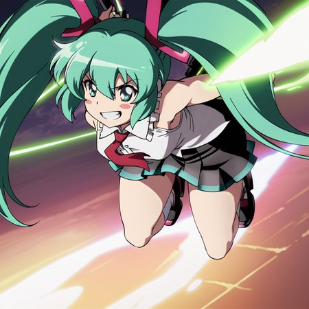 masterpiece, best quality,  <lora:tgm-xl-a3.1:1>,pixiv,1girl,solo,grin,hatsune miku,green hair,long hair,twintails,headgear, bare shoulders, 
, flying,danmaku, glowing,