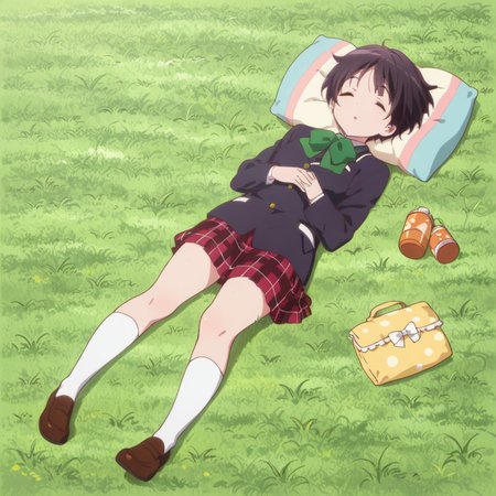 masterpiece, best quality, amazing quality,1girl, solo, love_chunibyo_other_delusions_kumin_tsuyuri, school uniform,  short hair, closed eyes, lying, on back, sleeping, black hair, skirt, plaid, thermos, grass, pillow, socks, plaid skirt, on back, shoes, jacket, brown hair, <lora:Kumin_Tsuyuri:0.7>
