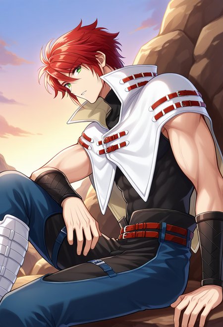 1boy, solo, forukashura, muscular, red hair, short hair, green eyes, capelet, high collar, bracer, sleeveless shirt, sleeveless, turtleneck, belt, pants, chaps, white knee boots, outdoors, sitting, rock, from side, sky, looking at viewer, parted lips,