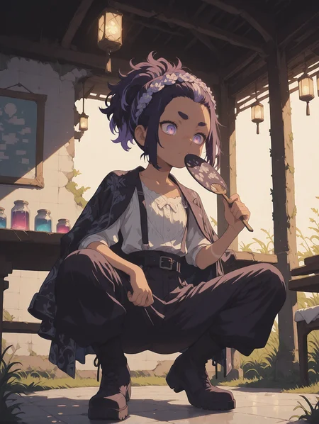 masterpiece, best quality, very aesthetic, absurdres, highly detailed, (solo:1.4), S4bit4mago_illu, (solo:1.2), anime style, wasabi_natsume_illu, no lineart, no outline, LDSCH Style, HassaKu_illu, 
soft lighting, shadows, harsh shadows, pitch black, glowing outline, front light, long shadows,,  meadow, grass,
1girl, luminous hair, short hair, ponytail, bangs_pinned_back, large eyes, Cyan eyes, stern, grim, teen,  thick eyebrows, Split dyed hair, dark Royal Blue hair,  purple hair,  tall,  heeled boots,  flat chest, belt, rough patches,  (tanned, tanned skin:1.4),     
complex print,  metallic gothic overjacket, jacket on shoulders, open jacket, floral hairband,
dark purple linen undersized Vestment, robe, light Aquamarine knitted ceremonial Suspenders pants, 
front view,  from below,, fan, holding fan, crouching spread legs,,
bathhouse, tiles, benches, pool, basins, jars, pillars, towels, lanterns, changing screens, interior, long banquet tables, mystical glow, abandoned, broken, overgrown   
<lora:StS-Illustrious-Detail-Slider-v1.0:2> <lora:add-detail-xl:2>   <lora:LDSCH:0.8>  <lora:ponyv3_ill01_2_adamW:0.5> <lora:anime_screencap:0.4>  <lora:S4bit4mago:0.7>  <lora:Granblue Fantasy XLV2:0.3> <lora:ppw_v7_Illuv1.0_1_r2:0.4> <lora:HassaKu_style:0.2>  <lora:illustrious_quality_modifiers_masterpieces_v1:0.3>