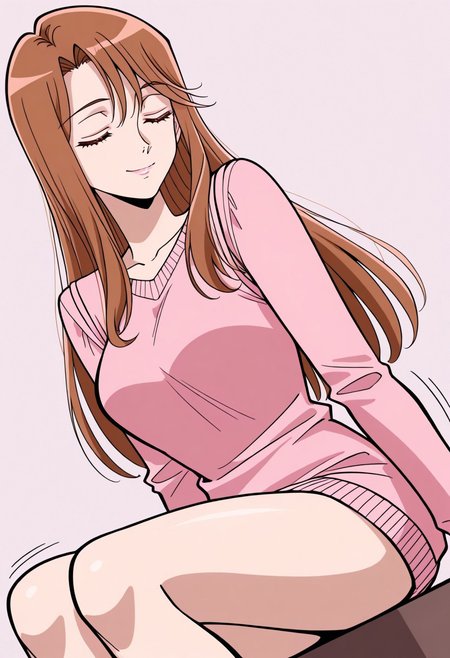 masterpiece, best quality, newest, highres, uncensored, 1girl, yokota mamoru style,1girl, slender face，motion lines,,Sendou Chika,brown hair,long hair,slim, smile, sitting, brown hair, dutch angle, long sleeves
The image is a high-quality digital drawing in the anime style, featuring a young woman with long, straight, honey-blonde hair that cascades down her back. She has fair skin and a serene, somewhat melancholic expression. Her eyes are closed, and her lips are slightly curved, giving a gentle, contemplative look. She is dressed in a casual outfit: a pink long-sleeve top with a green, possibly a sweater or a vest, over it.