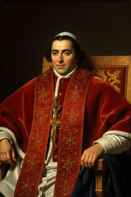 jldavid1 painting.
A clergyman, seated in an ornate chair with a richly patterned, red velvet cushion. The subject, dressed in a traditional ecclesiastical attire, is adorned with a red mozzetta, a type of outer garment typically worn by cardinals or bishops, featuring intricate, gold embroidered patterns. The mozzetta is draped over a white cassock, which is visible beneath. He wears a white rochet, a long, lace-trimmed garment, and a white, lace-trimmed amice around his neck. <lora:jldavid1_cap_d6a3:1.0><lora:815786638241204041:0>