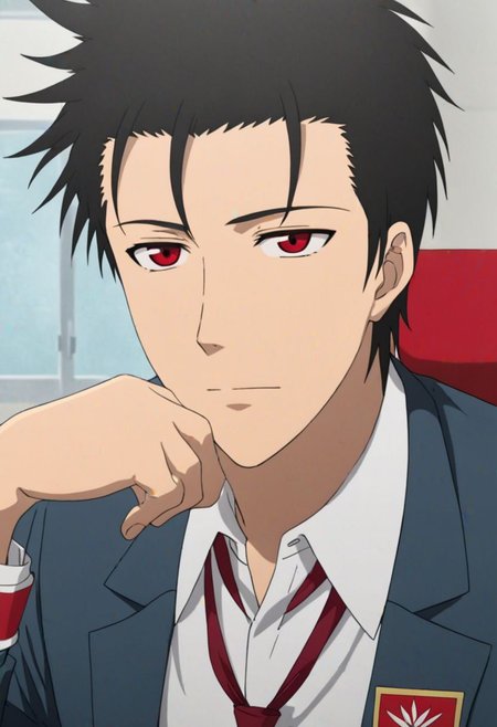 Highres, Masterpiece, High Quality, 4K, 8K, solo, 1Boy, Soujirou Agata, borown eyes, black hair, student council president, school uniform, portrait, meeting table, red armband, easynegative, detailed_eye_model