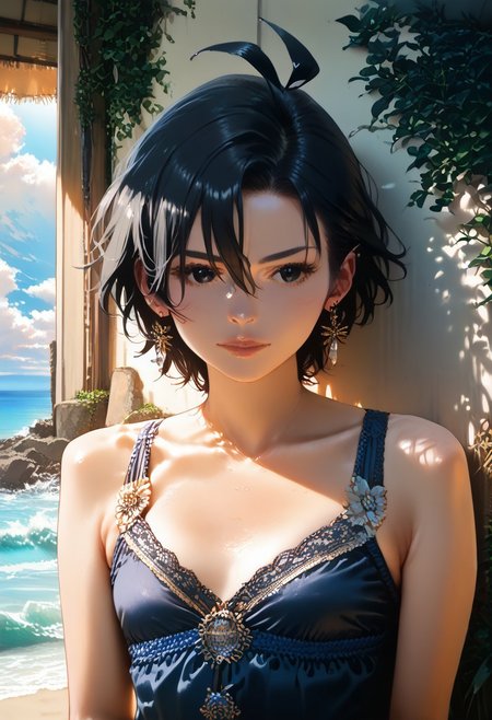score_9, score_8_up, score_7_up, score_6_up, source_anime, <lora:Worldly_XL:1.25> <lora:AIU 0.3v:1.1> detailerlora, sunlight, ocean, waves, clouds, nature, 1girl, solo, Kikuchi Makoto is enjoying summer holidays weather on the beach,  <lora:KikuchiMakoto_pony_v1:0.9> kkcmkt, short hair, black hair, antenna hair, hair between eyes, black eyes, flat chest, small breasts, summer clothes, beachwear, swimwear, Score_PnyReal, <lora:StS_PonyXL_Detail_Slider_v1.2:5>