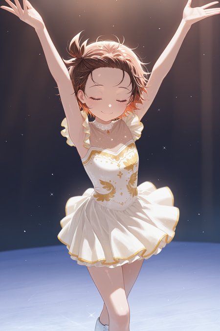 masterpiece, best quality, absurdres, safe
1girl, yuitsuka inori, ice skates, crossed legs, standing, arms up, smile, closed mouth, closed eyes, dress
<lora:ice_skates_il_1_d16:1>