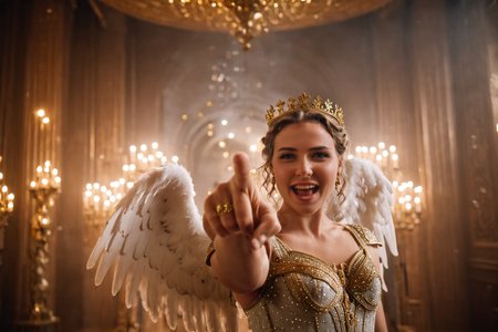 cinematic film still {Celestial Queen to the side with wings and gold trims} (Pointing Finger At Viewer) and laughing <lora:Pointing_Finger_At_You_-_By_DICE:0.9> inside a Hall with {bells, decor, angel, sparkle, glitter, ash, dust particles, aurora}, <lora:add-detail-xl:0.6> . shallow depth of field, vignette, highly detailed, high budget, bokeh, cinemascope, moody, epic, gorgeous, film grain, grainy