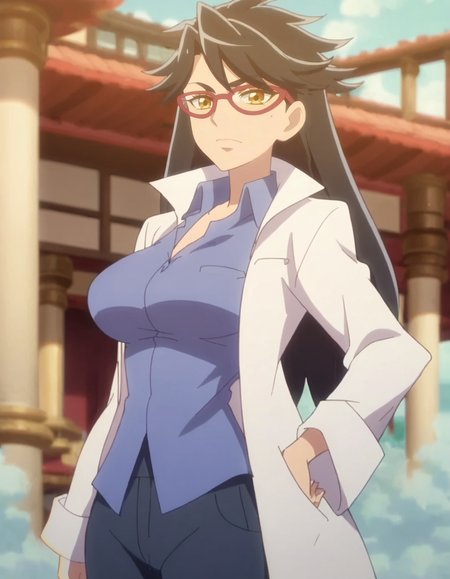 score_9, score_8_up, score_7_up, anime screencap, solo,1girl,gashuinsarena,  labcoat, glasses, shirt, pants, looking at viewer, blue shirt, mole,large breasts,wide hip<lora:gashuinsarena_pony:0.8>