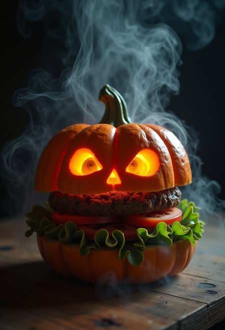  analog photo, product studio, high key, inconming dappled lighting, steam haze from product, anthropomorphic pumpkin burger made of halloween spooky glowing eyes  pumpink on top. product studio shot, cinematic, dark background, masterpiece, sharp focus