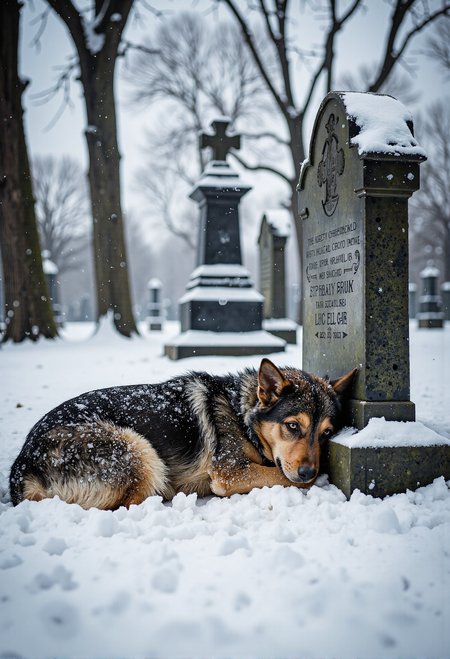 A deeply emotional scene of unwavering loyalty and sorrowâa faithful dog lies curled up tightly against the gravestone of its late owner, its fur dusted with a layer of fresh snow. The cemetery is quiet, blanketed in white, as gentle snowflakes drift from the overcast sky, settling on the dog's shivering body. Its eyes, filled with grief yet devotion, remain half-open as if waiting for a presence that will never return. The gravestone stands cold and solemn, its inscription partially obscured by the snowfall, while the surrounding trees stand bare, their branches weighed down by winterâs embrace. A heartbreaking testament to love beyond life, frozen in time. <lora:CPA.safetensors:0.6>,  <lora:Dark side of light.safetensors:0.55>,  <lora:Exogenous.safetensors:0.7>,