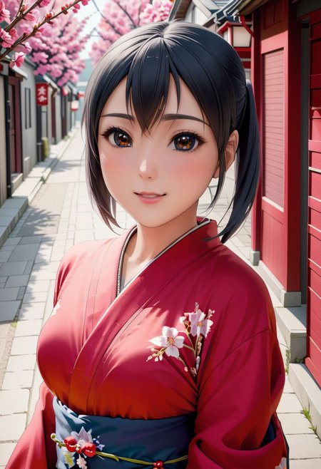 1 girl, nakano azusa, fully clothed, red kimono with pink flowers, perfect face, black eyes, black hair, show top of head, pigtails hair, blushing, smiling, outside, in the street of old qubec, small breasts, <lora:azusa_xl_rev3:0>, <lora:add-detail-xl:1>, OverallDetail, fFaceDetail, EyeDetail, Painstaking Attention To Details, art by mooncryptowow,