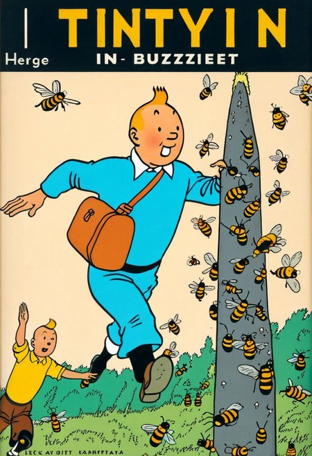 Title "Tintin in Buzzviet", in the style of herge, cbcmkrsdxl, Russian city with bees