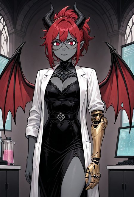 masterpiece, best quality, newest, absurdres, highres,  SOPHV2.1, demon girl, grey skin, colored skin, glasses, round eyewear, prosthetic arm, prosthesis, lab coat, dress, black dress, open coat, red hair, horns, black horns, solo, solo focus, wings, demon wings,