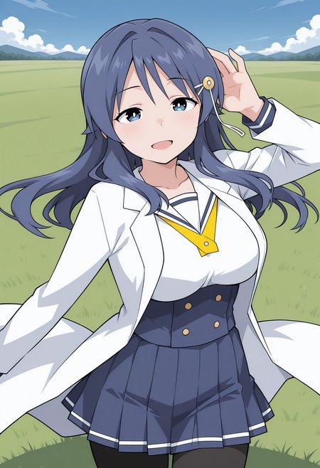oohara_kotone, blue eyes, blue hair, long hair, hair ornament, hairclip, lab coat, school uniform, buttons, sailor collar, long sleeves, blue skirt, pleated skirt, pantyhose, <lora:oohara_kotone_illustrious_ver2:0.8>
smile, open mouth, cowboy shot,, masterpiece, best quality, sensitive,, 1girl, solo, blue sky, (grasslands:1.2), looking at viewer,, (dynamic pose:1.4), (upside-down:-1),