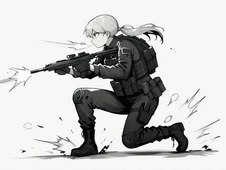 score_9, score_8_up, score_7_up, score_6_up, score_5_up,  <lora:tacticalclothesXLP:0.8> tactical clothes, 1girl, weapon, gun, one knee, greyscale, monochrome, solo, holding weapon, holding, gloves, shell casing, boots, holding gun, knee pads, firing, white background, rifle, pants, military, simple background, assault rifle, pouch, long hair, full body, tactical clothes, twintails, bulletproof vest, ponytail, long sleeves, from side