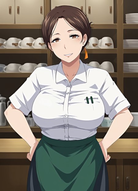 <lora:Yue_ni_Hitozuma_wa_Netorareta3:0.85>,mm,mature female,1girl,solo,brown hair,brown eyes,mole under eye,breasts,shirt,skirt,cowboy shot,hands on own hips,looking at viewer,indoors,smile,apron
