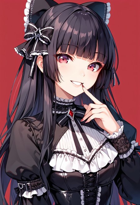 score_9, score_8_up, score_7_up,1girl, solo, long hair, looking at viewer, smile, bangs, black hair, red eyes, bow, ribbon, purple eyes, hair ribbon, upper body, hair bow, blunt bangs, red background, finger to mouth, fashion, hime cut, gothic girl