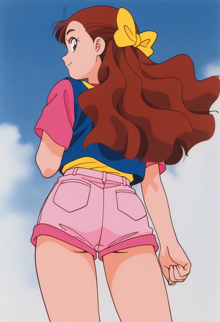 masterpiece, best quality, source_anime,official art,perfect_anatomy,1990s_\(style\),retro_artstyle,1girl,solo,Kirara Haruno,brown_hair,long_hair,yellow_bow,shirt,shorts,profile,looking_at_viewer,smile,hip,cowboy shot,thighs,from behind,day,blue_sky,cloud