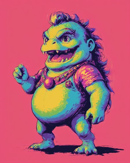 Bubble Bobble style Awful portly (Male Homunculus:1.2) , Tribal Chief, in outfit of Power, his outfit of Jurassic Park is made from curderoy, 8-bit, cute, pixelated, fantasy, vibrant, reminiscent of Bubble Bobble game, <lora:Bold_Pop:1>