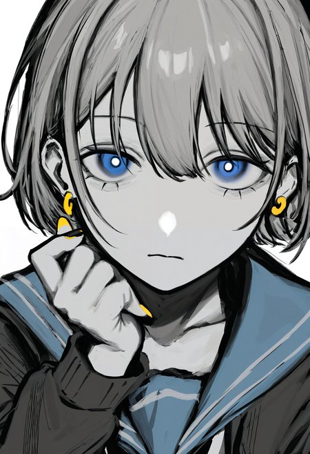 <lora:TnhocXQ=-noobaiXLNAIXL_epsilonPred_V110_V1-CAME>, Tnho, monochrome, greyscale, serizawa asahi, 1girl, solo, grey hair, white background, school uniform, simple background, short hair, blue sailor collar, looking at viewer, blue eyes, serafuku, sailor collar, upper body, nail polish, jacket, earrings, jewelry, kita high school uniform, hood, closed mouth, long sleeves, yellow nails, bright pupils, black jacket, ribbon, open clothes, bag, cardigan, winter uniform, expressionless, hair between eyes, hood down, white pupils, black cardigan, shirt