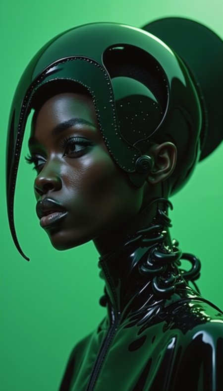 Serious black female model, looking diagonally, dressed in extravagant and vanguardist clothing, plastic and latex materials, abstract shapes, asymmetric techno ornaments, predominant green, 4k, medium shot, cinematic photography, Iris van Herpen style