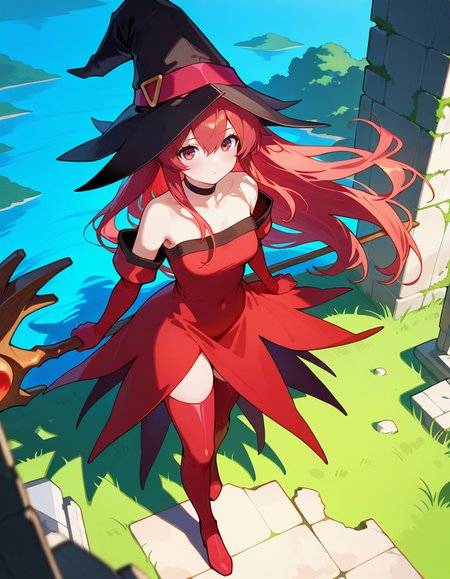 <lora:DHERivieracierra_SDXL_illustrious_fp16_ver01:1>, DHERivieracierra, 1girl, witch hat,  red hair, long hair,red eyes, black choker, dress, bare shoulders, elbow gloves,red thigh boots,ruins, lake,, masterpiece, best quality, very aesthetic, absurdres,<lora:detailed_hands:1>,hand