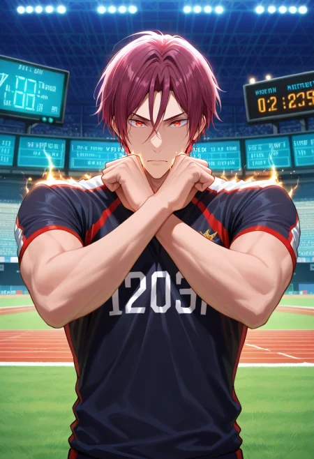 masterpiece, best quality, , semi-realistic, , 1boy, solo, male focus, <lora:rin_matsuoka_ilxl:1>, rin_matsuoka, red hair, red eyes, hair between eyes, sports field, freshly painted lines, cheering fans, glowing scoreboard, playing pose, determined expression, vibrant energy,