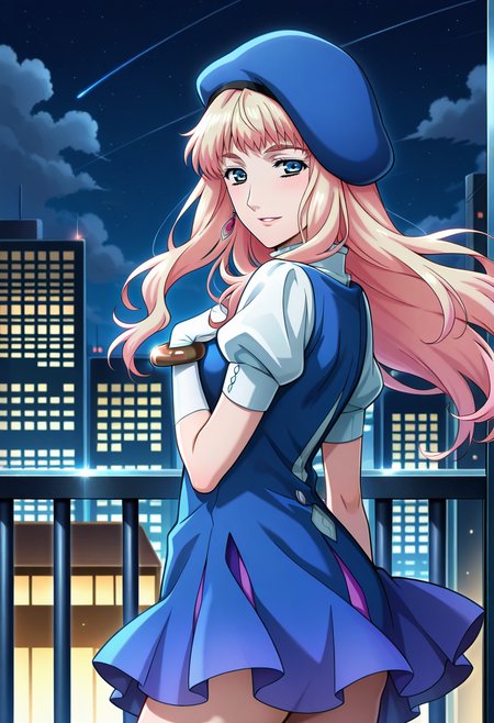 rooftops, cityscape, night,
BREAK,
light smile, looking at viewer, parted lips, hand on chest,
cowboy shot, from side, looking away,
BREAK,
<lora:sherylX_illustriousXL_v01:0.99>
sheryl nome, sherylcasb, blonde hair, blue beret, gradient hair, blue eyes, single earring, 
juliet sleeves, white sleeves, blue vest, blue skirt, high collar, short sleeves, asymmetrical dress, pink ribbon, white gloves, bangle,, source_anime, very aesthetic, anime coloring, masterpiece, 
best quality, amazing quality, ultra detailed, very aesthetic, 
detailed background, 
BREAK,