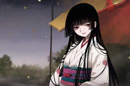 ichihara_yuuko, girl1, bangs, black hair, long hair, kimono, clothes black, heaven, night, fantasy