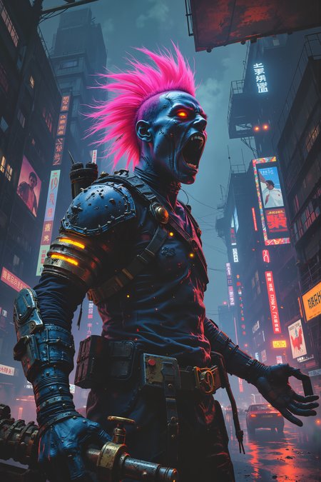 Beneath the neon glow of an otherworldly city skyline, a punkish, cobalt-blue-skinned warrior with a shock of electric pink hair stands atop a rusted metal platform, screaming into the chaotic night. His jagged, metallic armor gleams under the shifting lights of floating advertisements and pulsing holograms that flicker like digital ghosts around him. His mouth is wide open, revealing rows of sharp, gold-tipped teeth, his throat glowing with an internal, bioluminescent energy. His fists are clenched, one gripping the handle of a massive, spiked gauntlet that hums with raw power, while the other is raised toward the sky, as if challenging the universe itself. Behind him, the city stretches infinitely, a labyrinth of color and noise, filled with hover-bikes zipping between monolithic skyscrapers and neon-lit temples dedicated to long-forgotten gods. The air is thick with a mix of rain and static electricity, causing his vibrant mohawk to stand on end, crackling with excess energy. A billboard flickers overhead, briefly illuminating his scarred face, his burning orange eyes wild with unrestrained fury. His scream is one of defiance, echoing into the night like a battle cry that will never fade. , detailed background  Fantastic lighting. Detailed shadows.intricate details, vivid colors, hyper-detailed, ultra-sharp, , <lora:Luminous_Shadowscape-000016:0.4><lora:black_fantasy_1.0:0.4><lora:Glitchcore_Flux:0.4><lora:- Flux1 - vanta_black_V2.0:0.4>