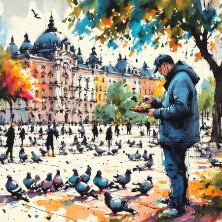 inksketch, a man feeding pigeons, city park, colorful