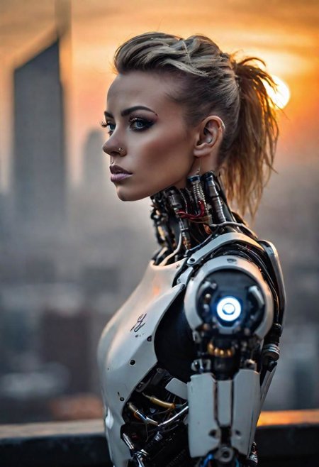 (1woman), robotic face, robot, ((fit, strong), Cyberpunk, city, skyline, ((architectural detail)), sunset, foggy, dystopian, (immaculate, high detail), photo realism, sony alpha 9 photo, epic, epic photo