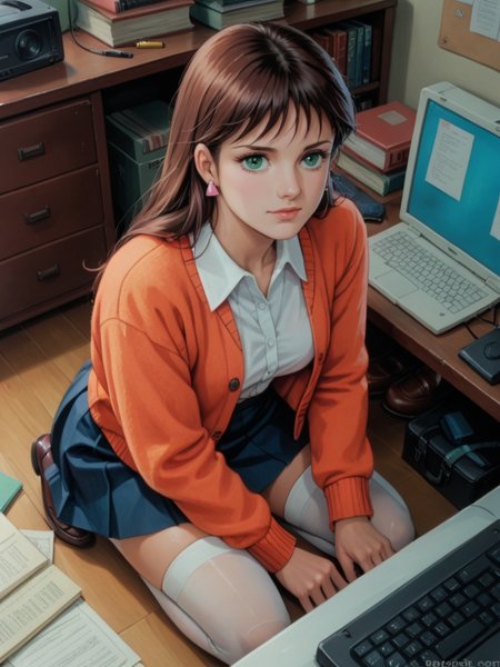 score_9, score_8_up, score_7_up, realistic, from above, background is retro dorm room, typing on computer, retro computer, <lora:Mia_Koji:.85>, miakoji, mia, cardigan, (pastels), skirt, white stockings, loafers, ronin warriors, solo, 1girl, retro, brown hair, 1980s (style), earrings, long hair, green eyes, makeup