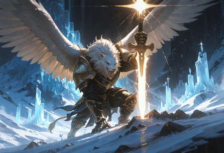 Dynamic angle, dynamic pose, hope, bringing hope. Holy light breaks through the sky, casting god rays and shimmering light in an epic display of black and gold, creating a dramatic contrast of shadow and light. The heavily armored paladin stands as a majestic figure in the fantasy world, their presence cutting through the bleakness of the surrounding landscape. The backdrop is a desolate, frozen mountain range, its jagged peaks bound in thick, all-consuming darkness, where no light dares to penetrate. Amidst this oppressive gloom, the paladin shines as the sole luminous being, a symbol of hope. Their armor, adorned with intricate patterns, shimmers with a divine glow, reflecting the purity of their purpose. They wield a mighty hammer shaped like a lion's head, emanating radiant light, a beacon of hope that inspires courage in all who witness it. The paladin's helm, embellished with eagle motifs, completely conceals their face, adding to their mystique and commanding presence. With an aura of nobility and power, the paladin stands tall, unwavering, as a beacon of righteousness and strength, the only light pushing back the surrounding darkness, dedicated to vanquishing evil and defending the innocent. Their presence alone conquers the darkness, bringing light and hope to a world consumed by shadow.