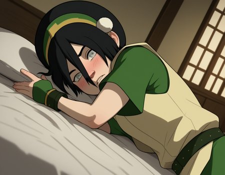 score_9, score_8_up, score_7_up, source_anime, <lora:toph-beifong-book2book3-ponyxl-lora-nochekaiser:1>, toph beifong, black hair, hairband, blind, grey eyes, hair between eyes, short hair,, shirt, green shirt, vest, belt, short sleeves,, indoors, bed, bed room, on side, blush, drunk, looking at viewer, solo,, cowboy shot, dutch angle