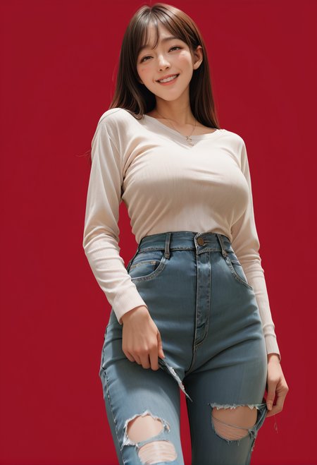 1girl,red background,,ruanyi0966,torn jeans,pantyhose,white shirt,black pantyhose,
standing,jeans pull,bottomless,<lora:0966 Home wear 13_v1_pony:1>, score_9, score_8_up, score_7_up, score_6_up, score_9, score_8_up, score_7_up, score_6_up source_anime, blush, 1girl, seduce smile, perfect body , natural huge breasts