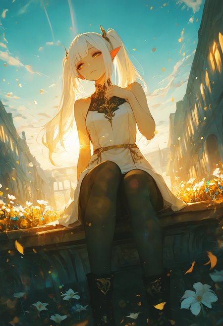 masterpiece, best quality, amazing quality, very aesthetic, absurdres, newest, Extreme Close-Up, Fantasy,
1girl solo
boots, Sleeveless dress, Golden eyes, makeup,eyeshadow, long hair, pantyhose, pointed ears, twintails, white hair,
flowers,petals, sky, BREAK Bright And Sunny Lighting,Atmospheric Perspective,
Vignetting,Lens Flare,Vanishing Point,
748cmstyle <lora:ponyv4_noob1_2_adamW-000017:0.7000000000000001> <lora:748cmSDXL:1>