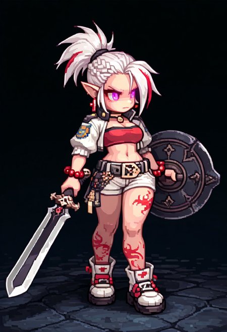 1girl, dim background, eye trail, glowing eyes, purple eyes, white hair, pointy ears, streaked hair, colored_extremities, red earrings, ponytail, braid, tube top, midriff, red bandeau, white shorts, open jacket, black belt, red bead bracelet, leg tattoo, white cropped jacket, holding sword, holding shield,, masterpiece, best quality, newest, absurdres, highres, ,amazing quality, (masterwork, masterpiece, best quality, hyper-detailed, 8k uhd::1.4), masterpiece,best quality,amazing quality,very aesthetic,high resolution,ultra-detailed,absurdres,newest, masterpiece, best quality, amazing quality, very aesthetic, 
provocative, Black filled oval eyes, full body, Ragnarok online character, ROSPRITE, Smooth_Quality,e7sprites,Smo0thL1nes
