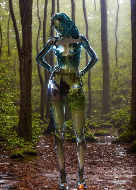 full body glasssculpture of alisabcnv, woman, fantasy forest background, by james gurney greg rutkowski photo by angelique boissiere art streiber, photorealistic, hyperdetailed, canon eos r 3, cinematic, filmic