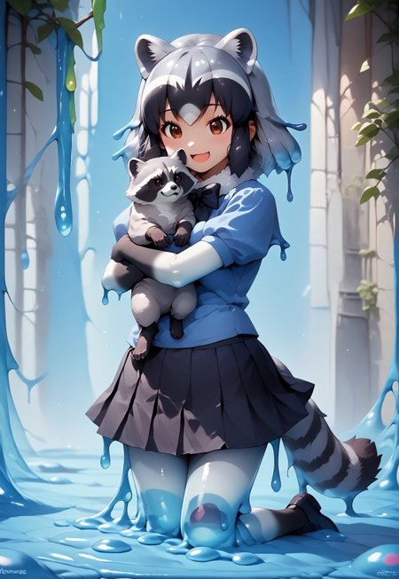 score_9_up, high quality, detailed, (((Common Raccoon slime girl (Kemono Friends),))), raccoon ears, brown eyes, bangs, multicolored hair, tail, raccoon tail, grey hair, black hair, black bowtie, puffy short sleeves, black gloves, elbow gloves, fur collar, pleated skirt, black skirt, blue shirt, pantyhose, black shoes, feral raccoon, p3tl0v3, holding raccoon, happy, hugging raccoon