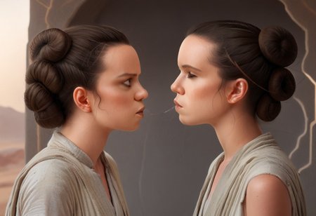 Princess Leia and Rey trying to kiss each other, Leia dominated by Rey