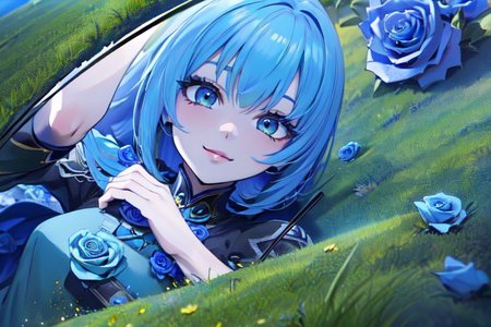 (masterpiece:1.4), 4K8K, (anime style), (high shutterspeed:1.4), (sharp edges), 
SyFyEye1, FanFo, 
1woman  hands togather,  leaning foward, face focus, smile, closed mouth, 
wearing Celtic style dress, (Detailed face, Detailed eyes, Detailed lips), (solo), 
blue hair, any colored roses, Fantastic, grass firld,