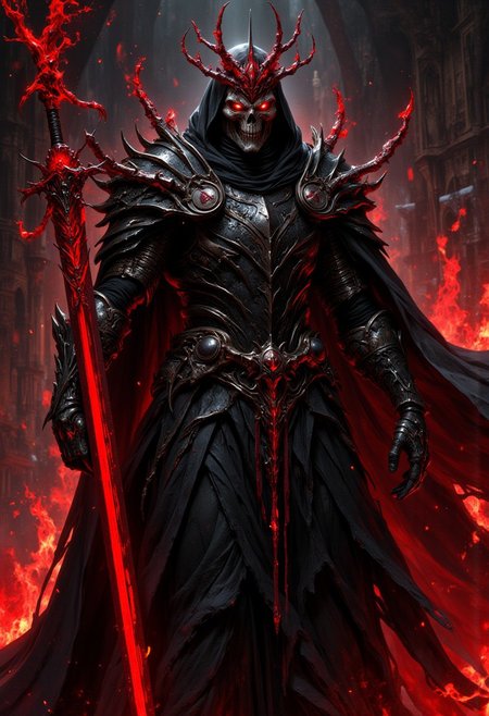 Knight. Black Knight in a long black robe. skeletal face helmet.  Holding a giant red bloody seven branched sword. Background of flames, CAICO